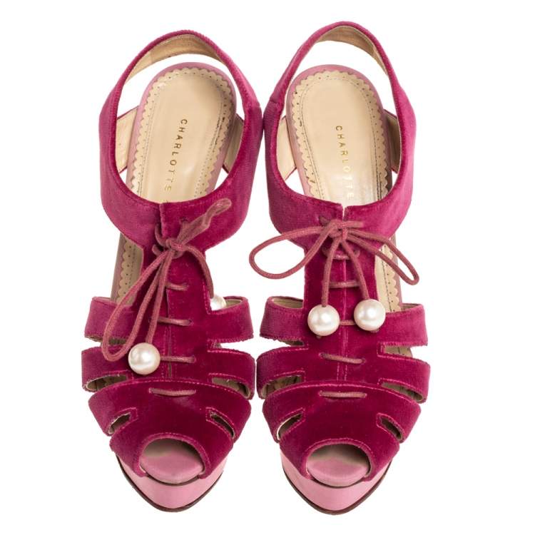 Pre Owned Charlotte Olympia Pink Suede Lace Up Platform Sandals Size 39.5