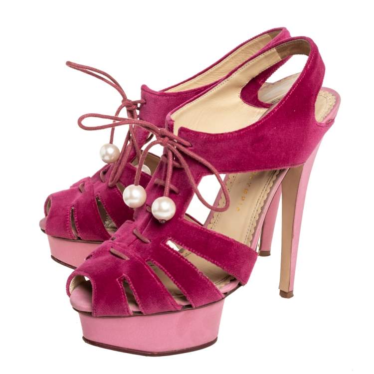 Pre Owned Charlotte Olympia Pink Suede Lace Up Platform Sandals Size 39.5