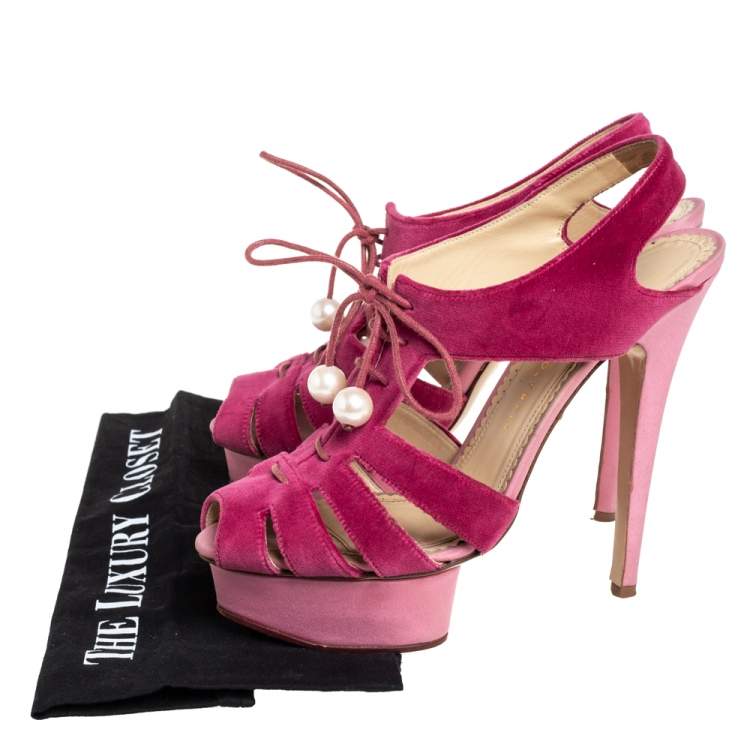 Pre Owned Charlotte Olympia Pink Suede Lace Up Platform Sandals Size 39.5