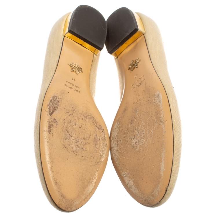 Pre Owned Charlotte Olympia Beige Canvas Kitty Ballet Flats Size 41