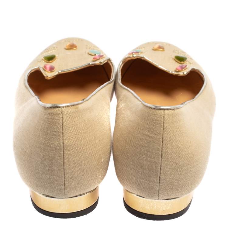 Pre Owned Charlotte Olympia Beige Canvas Kitty Ballet Flats Size 41