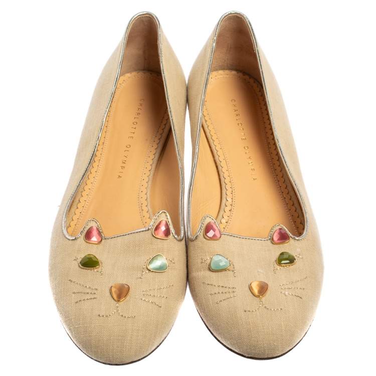 Pre Owned Charlotte Olympia Beige Canvas Kitty Ballet Flats Size 41