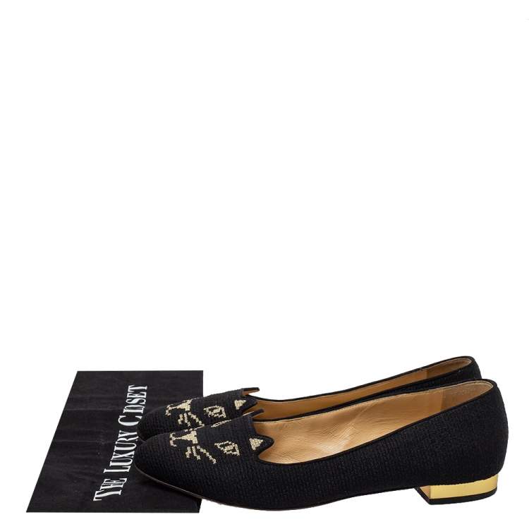 Pre Owned Charlotte Olympia Black Embroidered Canvas Emoticat Kitty Flats Size 38.5
