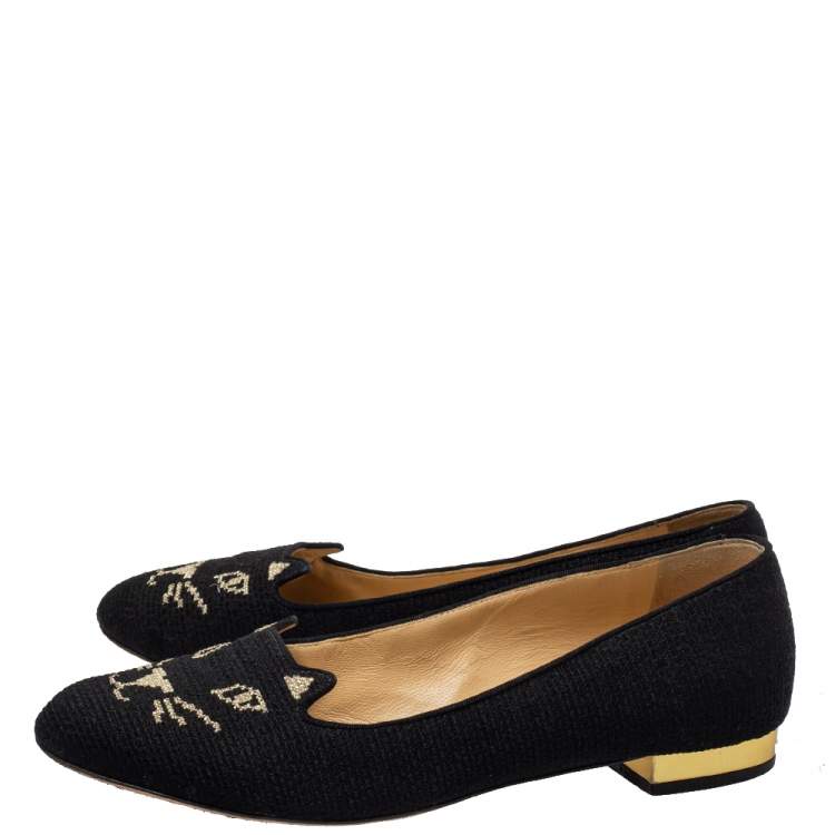 Pre Owned Charlotte Olympia Black Embroidered Canvas Emoticat Kitty Flats Size 38.5