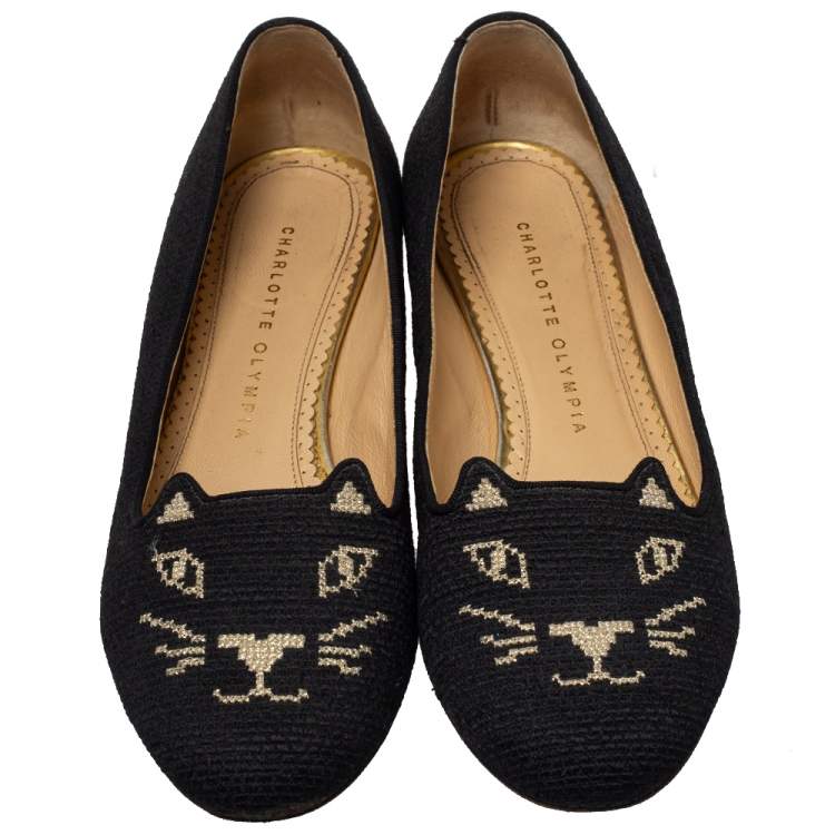 Pre Owned Charlotte Olympia Black Embroidered Canvas Emoticat Kitty Flats Size 38.5