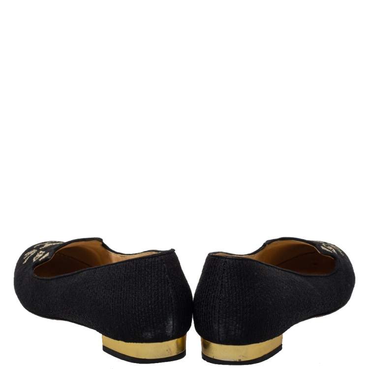 Pre Owned Charlotte Olympia Black Embroidered Canvas Emoticat Kitty Flats Size 38.5