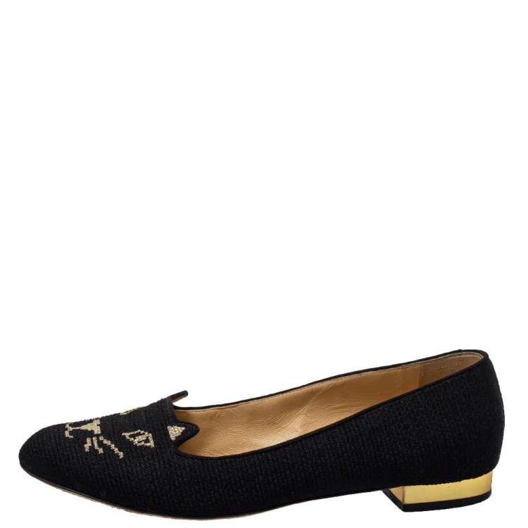 Pre Owned Charlotte Olympia Black Embroidered Canvas Emoticat Kitty Flats Size 38.5