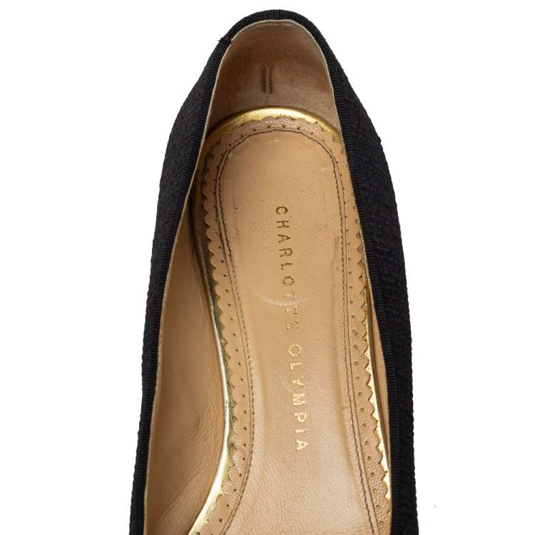 Pre Owned Charlotte Olympia Black Embroidered Canvas Emoticat Kitty Flats Size 38.5