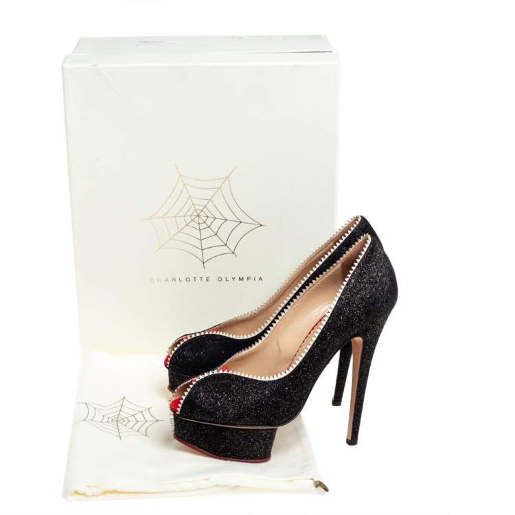 Pre Owned Charlotte Olympia Black Glitter And Patent Leather Scalloped Trim Peep Toe Platform Pumps Size 37.5
