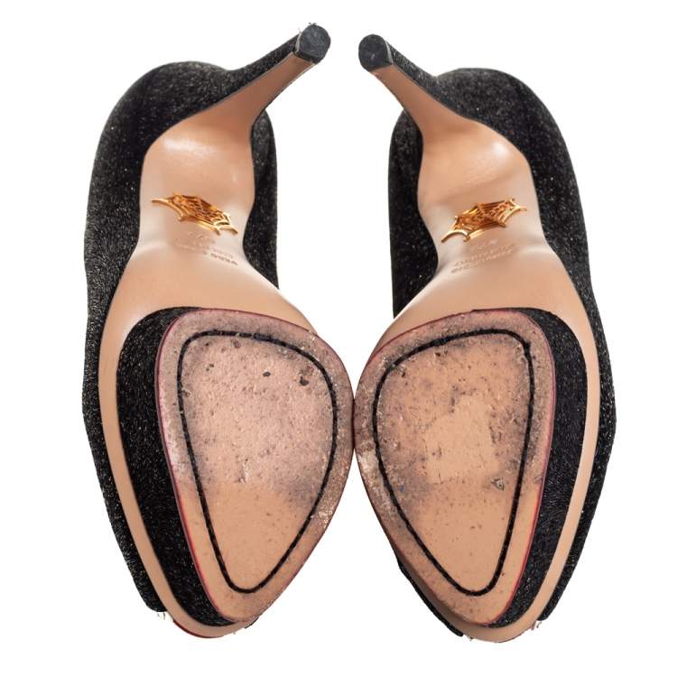 Pre Owned Charlotte Olympia Black Glitter And Patent Leather Scalloped Trim Peep Toe Platform Pumps Size 37.5