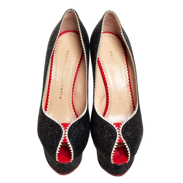 Pre Owned Charlotte Olympia Black Glitter And Patent Leather Scalloped Trim Peep Toe Platform Pumps Size 37.5