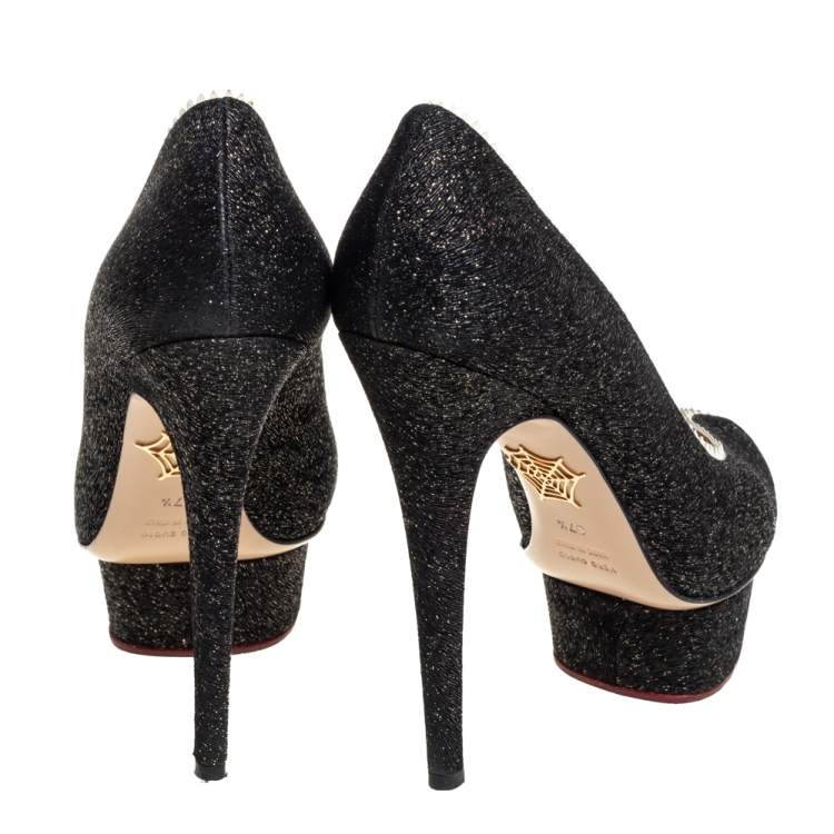 Pre Owned Charlotte Olympia Black Glitter And Patent Leather Scalloped Trim Peep Toe Platform Pumps Size 37.5