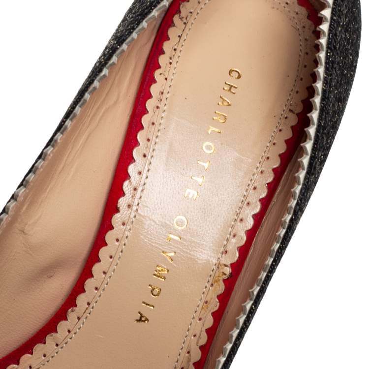 Pre Owned Charlotte Olympia Black Glitter And Patent Leather Scalloped Trim Peep Toe Platform Pumps Size 37.5