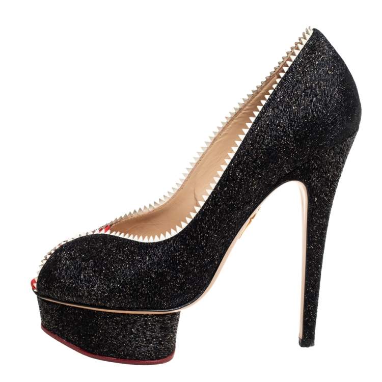 Pre Owned Charlotte Olympia Black Glitter And Patent Leather Scalloped Trim Peep Toe Platform Pumps Size 37.5