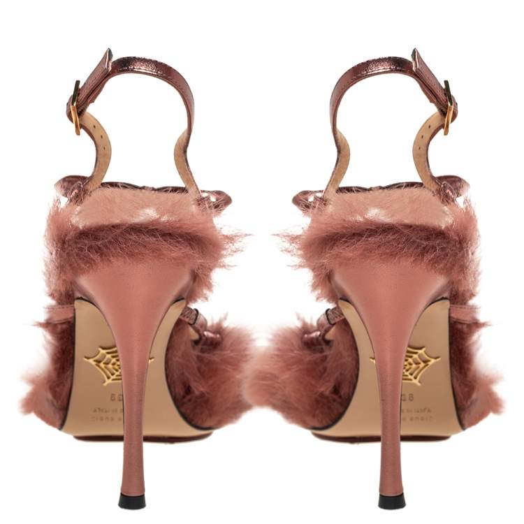 Pre Owned Charlotte Olympia Metallic Bronze Leather And Fur Caress Me Peep Toe Sandals Size 39