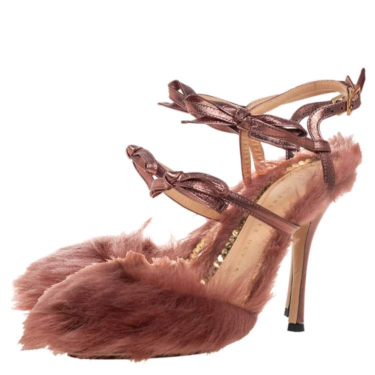 Pre Owned Charlotte Olympia Metallic Bronze Leather And Fur Caress Me Peep Toe Sandals Size 39