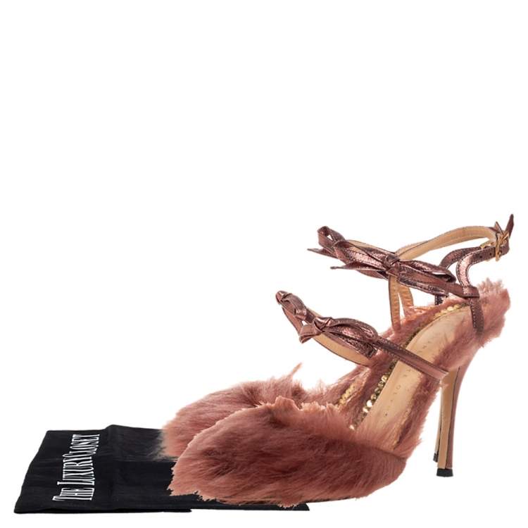 Pre Owned Charlotte Olympia Metallic Bronze Leather And Fur Caress Me Peep Toe Sandals Size 39