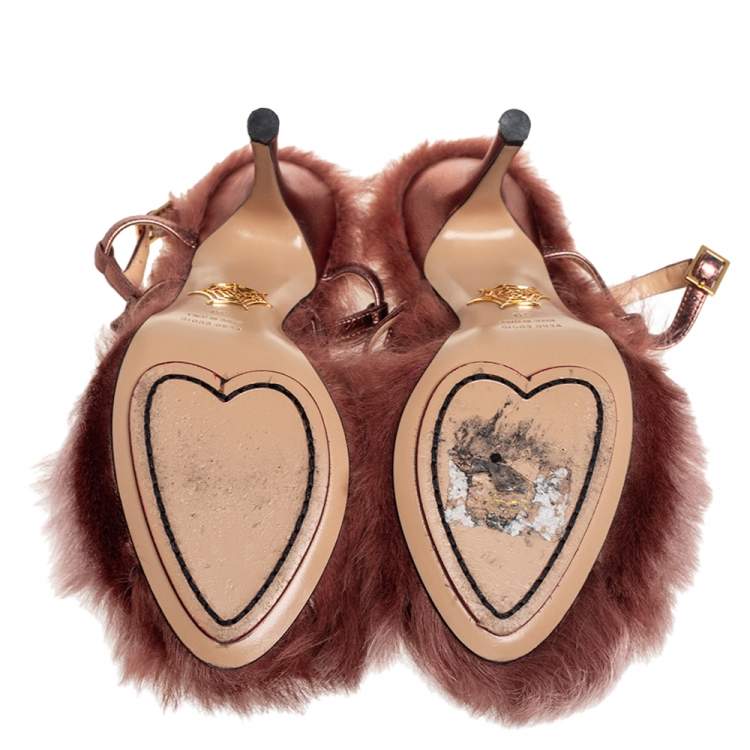 Pre Owned Charlotte Olympia Metallic Bronze Leather And Fur Caress Me Peep Toe Sandals Size 39