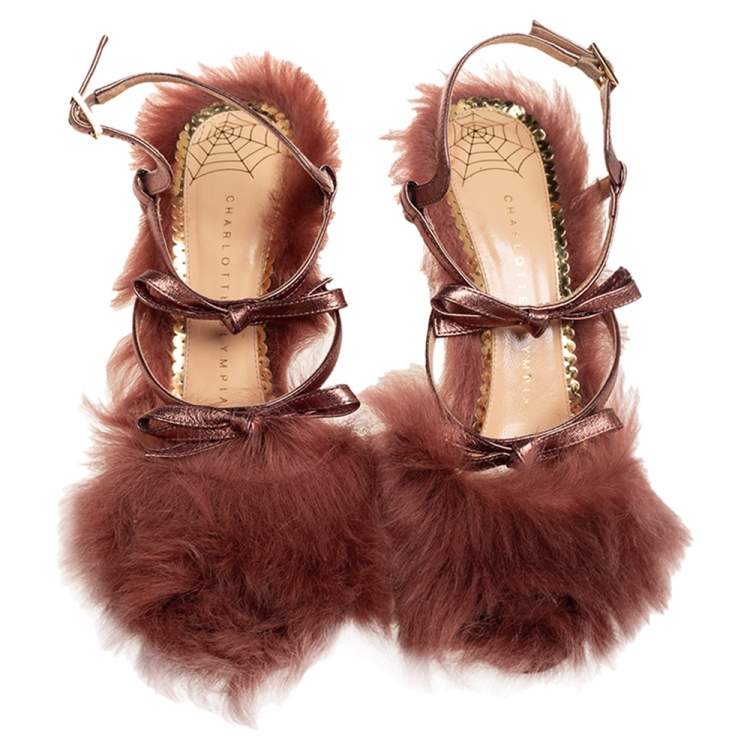 Pre Owned Charlotte Olympia Metallic Bronze Leather And Fur Caress Me Peep Toe Sandals Size 39