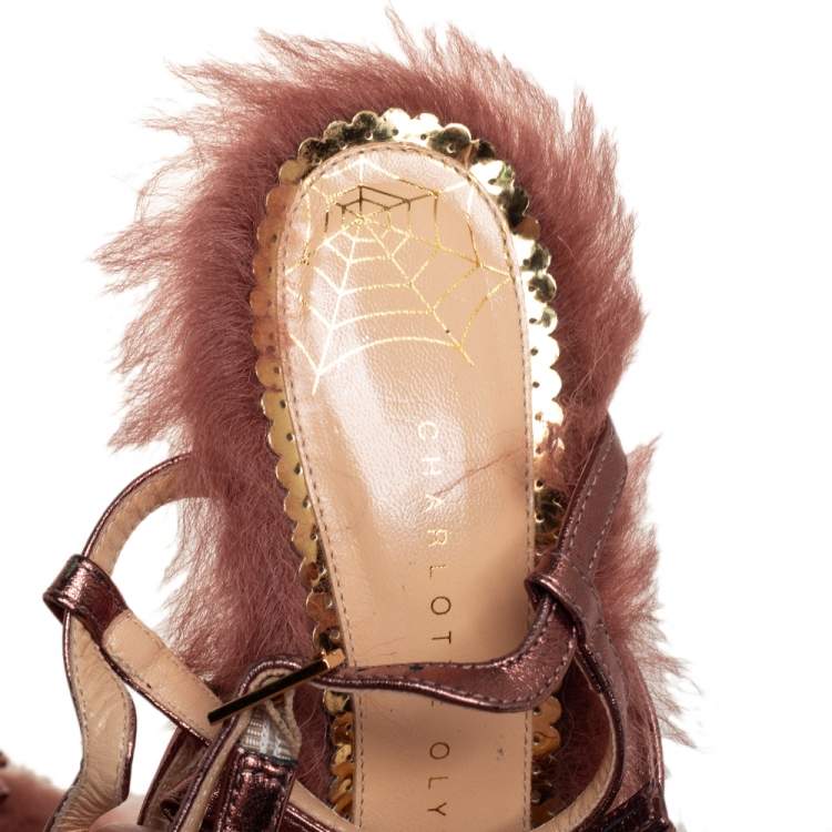 Pre Owned Charlotte Olympia Metallic Bronze Leather And Fur Caress Me Peep Toe Sandals Size 39
