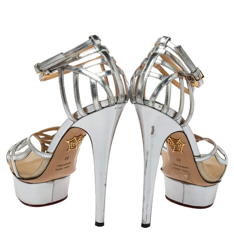 Pre Owned Charlotte Olympia Silver Leather Octavia Platform Ankle Strap Sandals Size 38