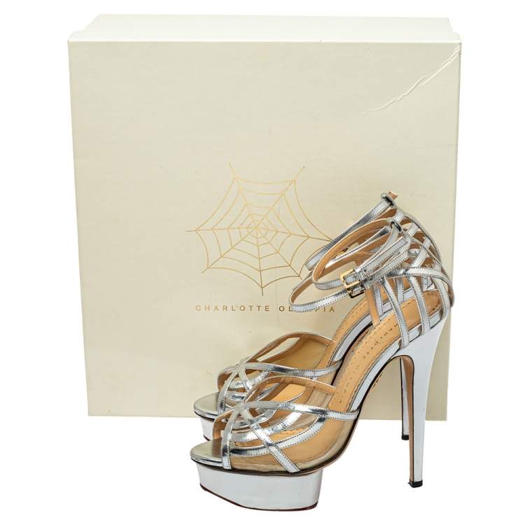 Pre Owned Charlotte Olympia Silver Leather Octavia Platform Ankle Strap Sandals Size 38