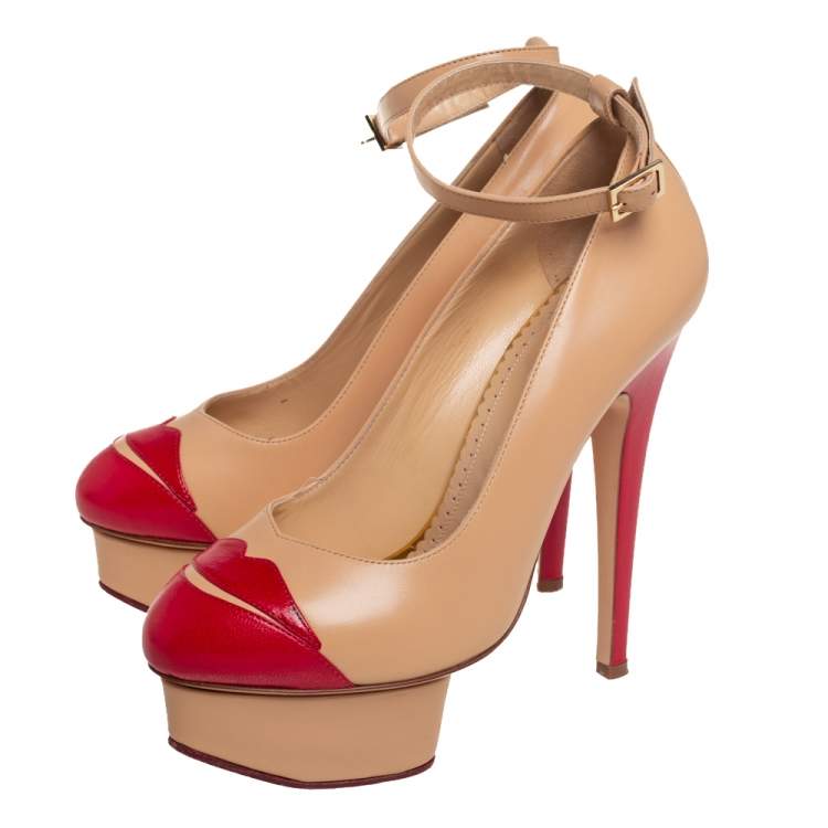 Pre Owned Charlotte Olympia Beige Leather Kiss Me Dolores! Pumps Size 35