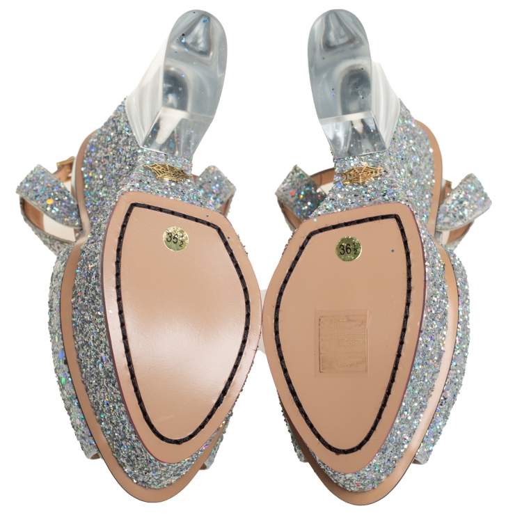 Pre Owned Charlotte Olympia Silver Glitter Leandra Platform Ankle Strap Sandals Size 36.5