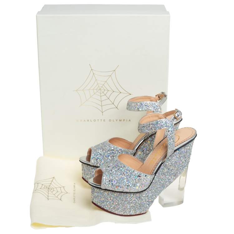 Pre Owned Charlotte Olympia Silver Glitter Leandra Platform Ankle Strap Sandals Size 36.5