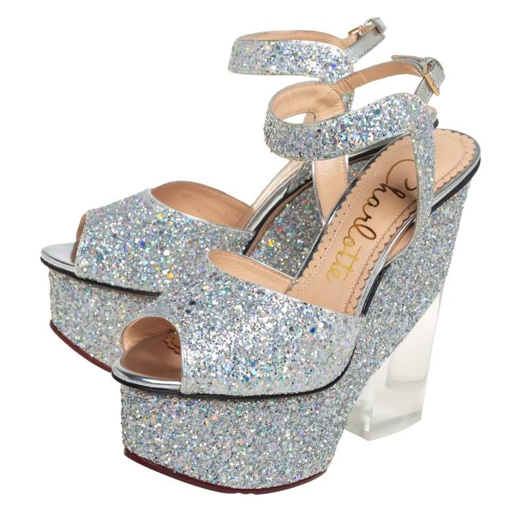 Pre Owned Charlotte Olympia Silver Glitter Leandra Platform Ankle Strap Sandals Size 36.5