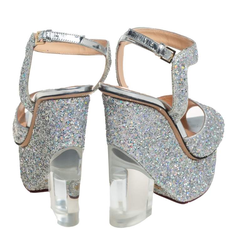 Pre Owned Charlotte Olympia Silver Glitter Leandra Platform Ankle Strap Sandals Size 36.5