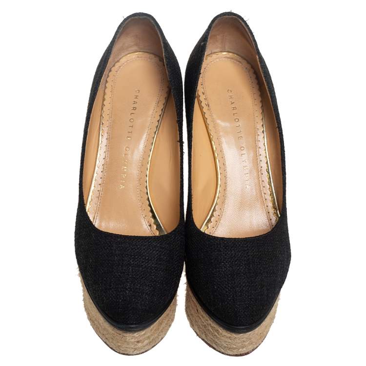 Pre Owned Charlotte Olympia Black Raffia Carmen Wedge Espadrille Pumps Size 37