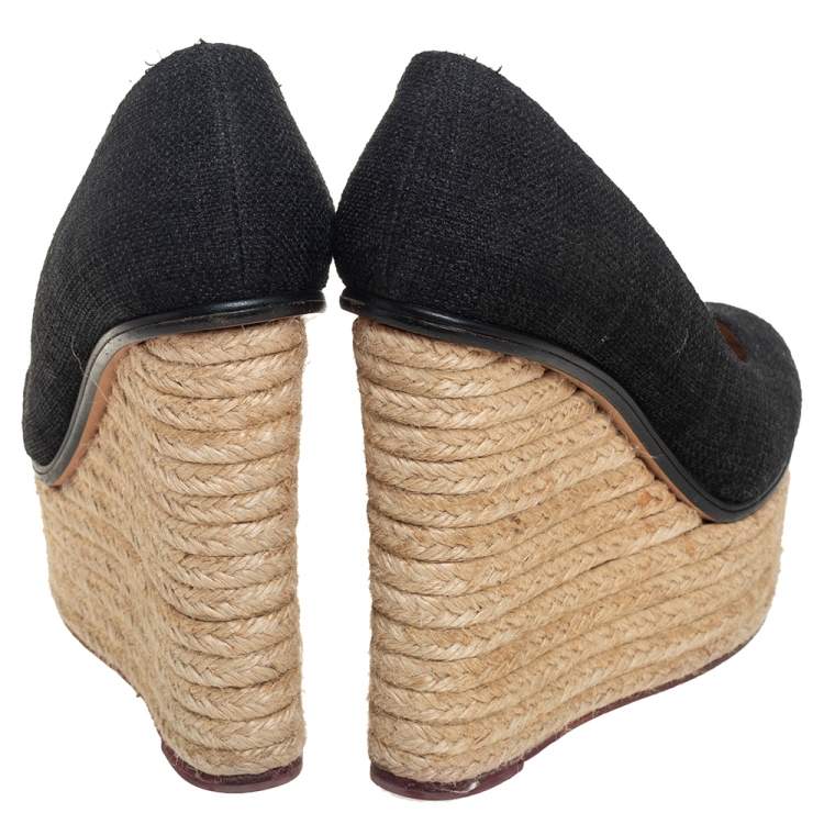 Pre Owned Charlotte Olympia Black Raffia Carmen Wedge Espadrille Pumps Size 37