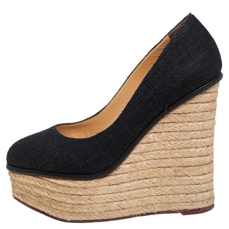 Pre Owned Charlotte Olympia Black Raffia Carmen Wedge Espadrille Pumps Size 37
