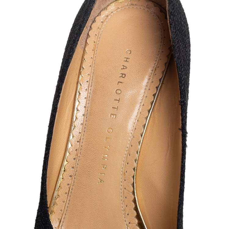 Pre Owned Charlotte Olympia Black Raffia Carmen Wedge Espadrille Pumps Size 37