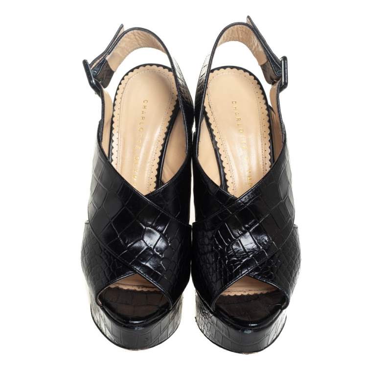 Pre Owned Charlotte Olympia Black Croc Embossed Leather Platform Sandals Size 38.5