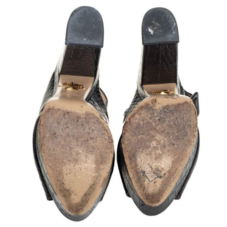 Pre Owned Charlotte Olympia Black Croc Embossed Leather Platform Sandals Size 38.5