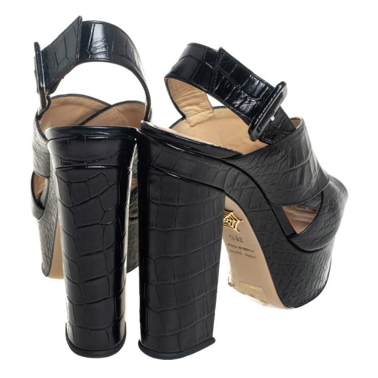 Pre Owned Charlotte Olympia Black Croc Embossed Leather Platform Sandals Size 38.5