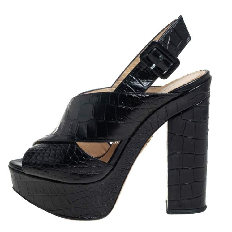 Pre Owned Charlotte Olympia Black Croc Embossed Leather Platform Sandals Size 38.5