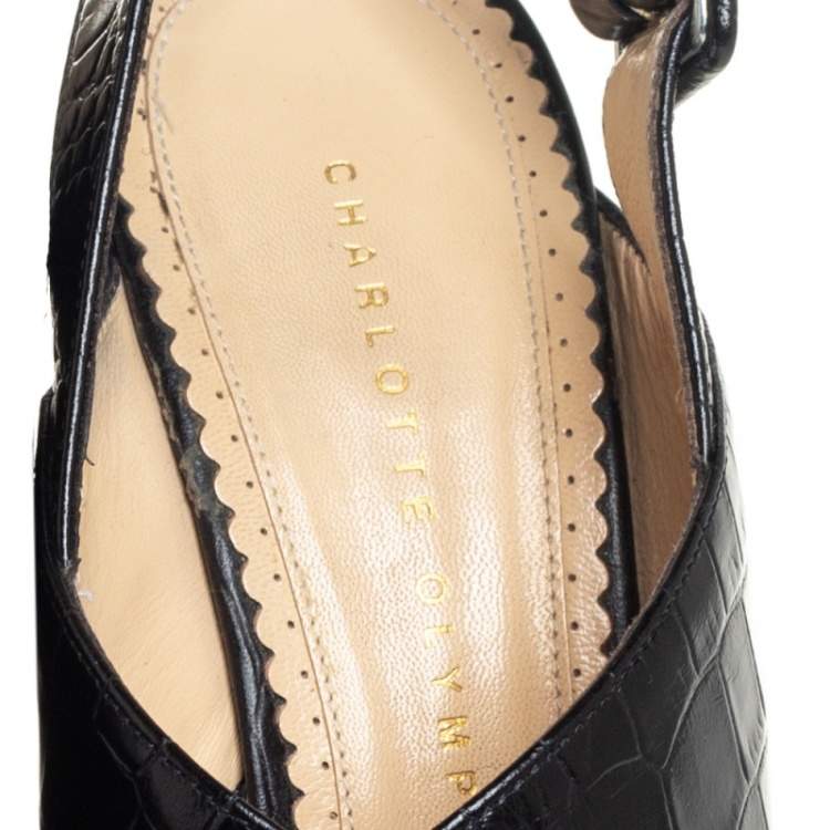 Pre Owned Charlotte Olympia Black Croc Embossed Leather Platform Sandals Size 38.5