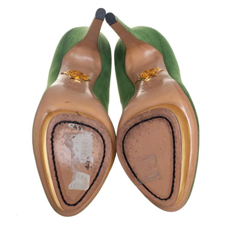Pre Owned Charlotte Olympia Green Suede Dolly Platform Pumps Size 36.5