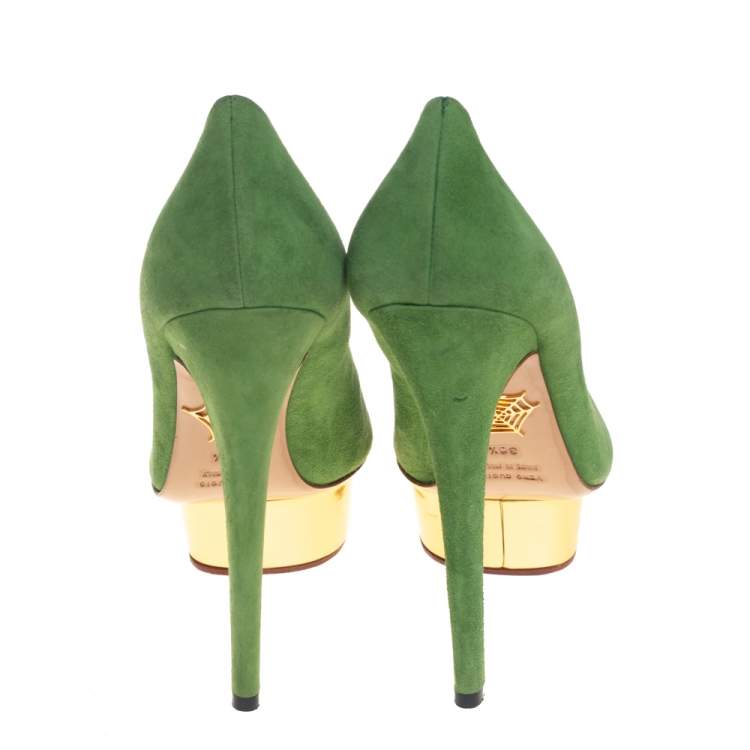 Pre Owned Charlotte Olympia Green Suede Dolly Platform Pumps Size 36.5