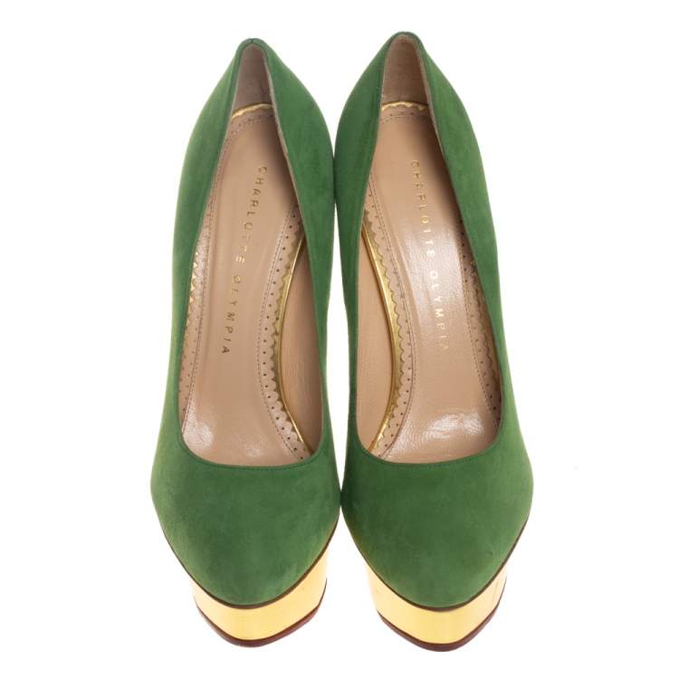 Pre Owned Charlotte Olympia Green Suede Dolly Platform Pumps Size 36.5