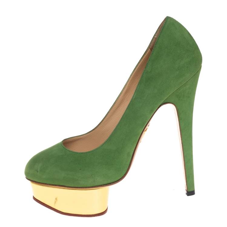 Pre Owned Charlotte Olympia Green Suede Dolly Platform Pumps Size 36.5