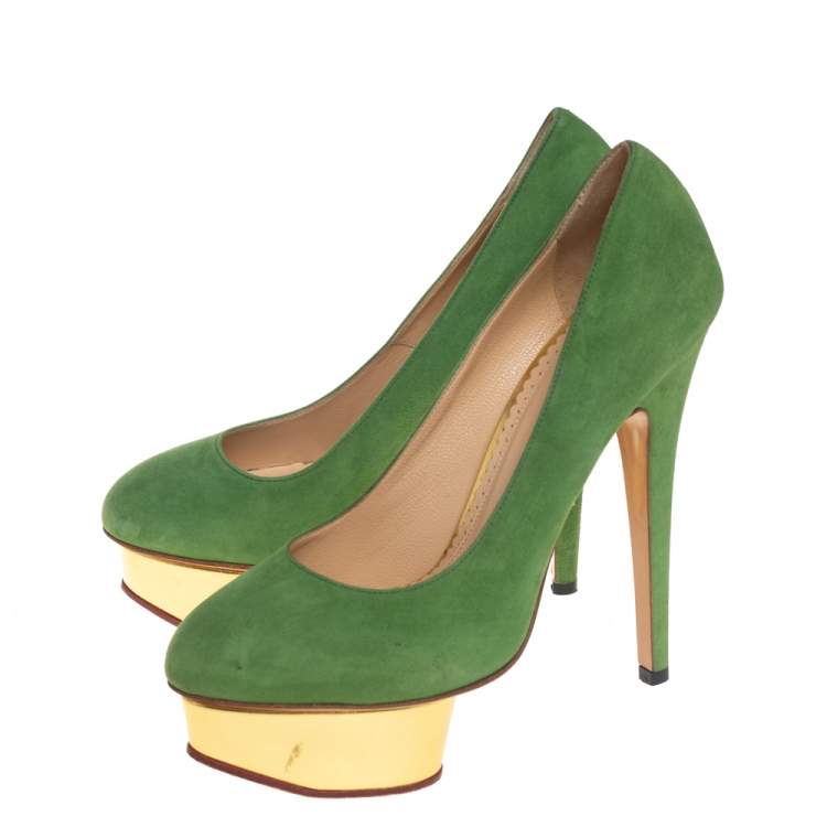 Pre Owned Charlotte Olympia Green Suede Dolly Platform Pumps Size 36.5