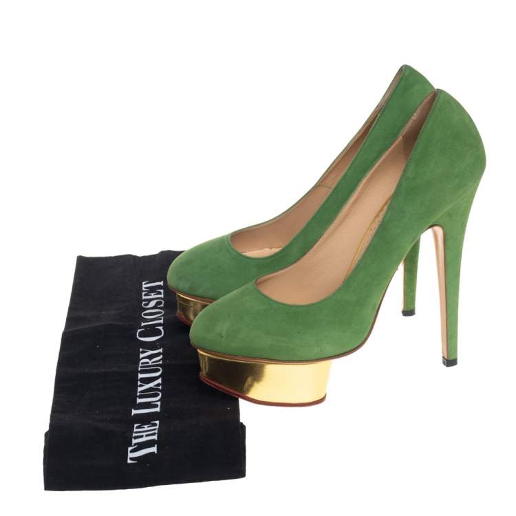 Pre Owned Charlotte Olympia Green Suede Dolly Platform Pumps Size 36.5