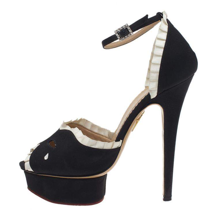مملوكة مسبقًا Charlotte Olympia Black Satin Masquerade Ankle Strap Platform Sandals Size 38
