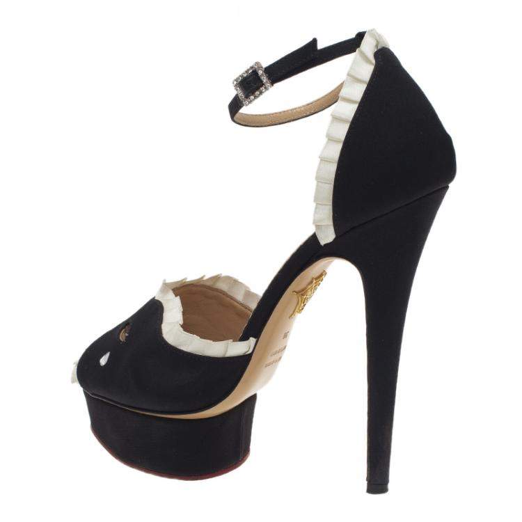 مملوكة مسبقًا Charlotte Olympia Black Satin Masquerade Ankle Strap Platform Sandals Size 38