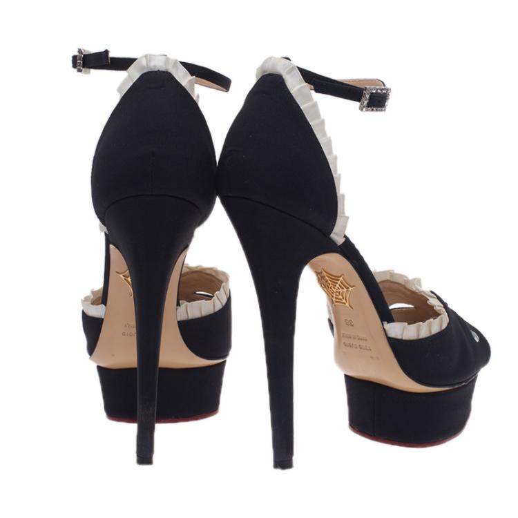 مملوكة مسبقًا Charlotte Olympia Black Satin Masquerade Ankle Strap Platform Sandals Size 38