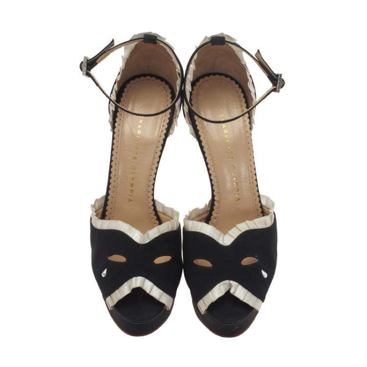 مملوكة مسبقًا Charlotte Olympia Black Satin Masquerade Ankle Strap Platform Sandals Size 38
